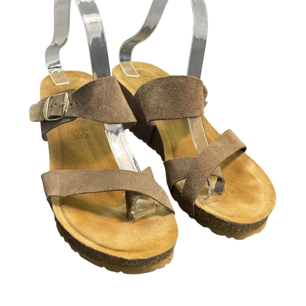 Yokono Spain Womens Taupe Suede Leather Wedge Sandals Toe Loop Buckle Slide Sz 9 - Picture 2 of 10